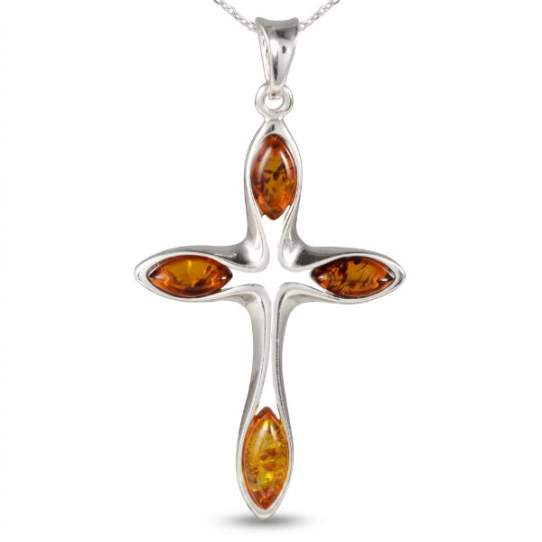 Baltic Honey Amber Cross Pendant Necklace in Sterling Silver featuring genuine honey Baltic amber set in a polished 925 sterling silver cross design, isolated on a white background.
