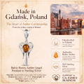 Baltic Honey Amber Angel Pendant in Sterling Silver infographic highlighting authentic honey Baltic amber, 925 sterling silver, angel design, handcrafted craftsmanship, pendant dimensions, and Made in Gdańsk, Poland heritage.