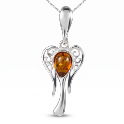 Baltic Honey Amber Angel Pendant in Sterling Silver featuring genuine honey Baltic amber set in a polished 925 sterling silver angel design, isolated on a white background.Baltic Honey Amber Angel Pendant in Sterling Silver featuring genuine honey Baltic amber set in a polished 925 sterling silver angel design, isolated on a white background.