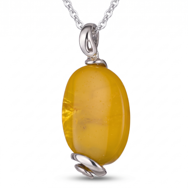 Baltic Butterscotch Amber Pendant in Sterling Silver featuring genuine butterscotch Baltic amber set in polished 925 sterling silver, isolated on a white background.