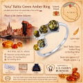 Aria Baltic Green Amber Ring in Sterling Silver infographic highlighting authentic green Baltic amber, 925 sterling silver, handcrafted craftsmanship, ring dimensions, and Made in Gdańsk, Poland heritage.