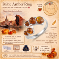Aria Baltic Honey Amber Ring in Sterling Silver infographic highlighting authentic honey Baltic amber, 925 sterling silver, handcrafted craftsmanship, ring dimensions, and Made in Gdańsk, Poland heritage.