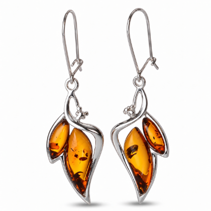 Charlotte Baltic Honey Amber Earrings in Sterling Silver featuring genuine honey Baltic amber gemstones set in polished 925 sterling silver, isolated on a white background.
