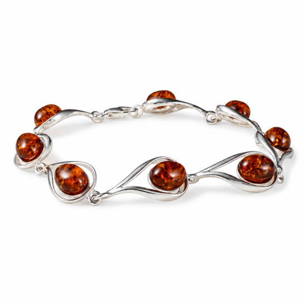 Adriana Baltic Honey Amber Bracelet in Sterling Silver featuring genuine honey Baltic amber gemstones set in polished 925 sterling silver, isolated on a white background.