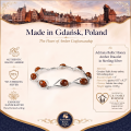 Adriana Baltic Honey Amber Bracelet in Sterling Silver infographic highlighting authentic honey Baltic amber, 925 sterling silver, handcrafted craftsmanship, bracelet dimensions, and Made in Gdańsk, Poland heritage.