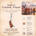 Gabriela Baltic Amber Pendant in Sterling Silver infographic highlighting authentic Baltic amber, 925 sterling silver, handcrafted craftsmanship, pendant dimensions, and Made in Gdańsk, Poland heritage.