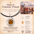 Lauren Baltic Honey Amber Necklace in Sterling Silver infographic highlighting authentic honey Baltic amber, 925 sterling silver, handcrafted craftsmanship, necklace dimensions, and Made in Gdańsk, Poland heritage.