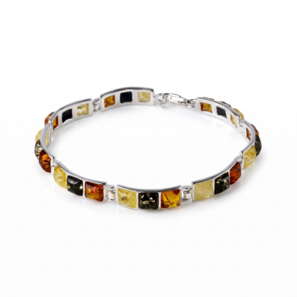 Multicolor Baltic Amber Bracelet in Sterling Silver featuring genuine multicolor Baltic amber gemstones set in polished 925 sterling silver, isolated on a white background.
