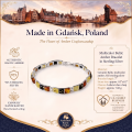 Multicolor Baltic Amber Bracelet in Sterling Silver infographic highlighting authentic multicolor Baltic amber, 925 sterling silver, handcrafted craftsmanship, bracelet dimensions, and Made in Gdańsk, Poland heritage.