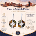 Aileen Baltic Amber Stud Earrings in Sterling Silver infographic highlighting authentic Baltic amber, 925 sterling silver, stud earring design, handcrafted craftsmanship, earring dimensions, and Made in Gdańsk, Poland heritage.