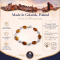 Monique Baltic Honey Amber Bracelet in Sterling Silver infographic highlighting authentic honey Baltic amber, 925 sterling silver, handcrafted craftsmanship, bracelet dimensions, and Made in Gdańsk, Poland heritage.