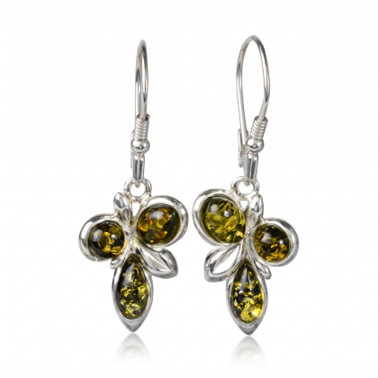 Martina Baltic Green Amber Earrings in Sterling Silver featuring genuine green Baltic amber gemstones set in polished 925 sterling silver, isolated on a white background.