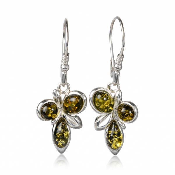 Martina Baltic Green Amber Earrings in Sterling Silver featuring genuine green Baltic amber gemstones set in polished 925 sterling silver, isolated on a white background.