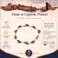 Zuzanna Baltic Honey Amber Bracelet in Sterling Silver infographic highlighting authentic honey Baltic amber, 925 sterling silver, handcrafted craftsmanship, bracelet dimensions, and Made in Gdańsk, Poland heritage.