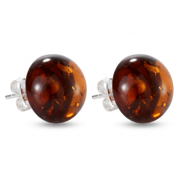 Baltic Honey Amber Round Stud Earrings in Sterling Silver featuring genuine round honey Baltic amber gemstones set in polished 925 sterling silver, isolated on a white background.