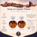 Baltic Honey Amber Round Stud Earrings in Sterling Silver infographic highlighting authentic honey Baltic amber, 925 sterling silver, round stud design, handcrafted craftsmanship, earring dimensions, and Made in Gdańsk, Poland heritage.