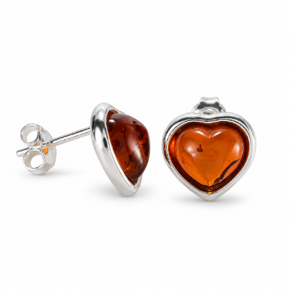Hearts Baltic Honey Amber Stud Earrings in Sterling Silver featuring genuine honey Baltic amber gemstones set in a polished 925 sterling silver heart design, isolated on a white background.