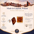Baltic Honey Amber Square Stud Earrings in Sterling Silver infographic highlighting authentic honey Baltic amber, 925 sterling silver, square stud design, handcrafted craftsmanship, earring dimensions, and Made in Gdańsk, Poland heritage.