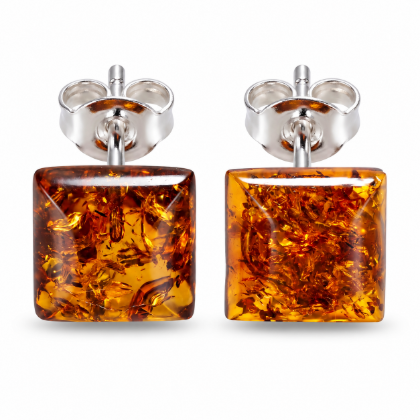 Baltic Honey Amber Square Stud Earrings in Sterling Silver featuring genuine square-shaped honey Baltic amber gemstones set in polished 925 sterling silver, isolated on a white background.