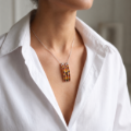 Woman wearing the Mila Multicolor Baltic Amber Pendant in Sterling Silver, showcasing genuine multicolor Baltic amber gemstones and polished 925 sterling silver in an elegant luxury jewelry lifestyle setting.