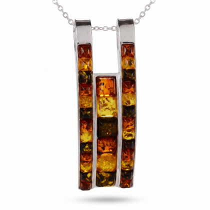 Mila Multicolor Baltic Amber Pendant in Sterling Silver featuring genuine multicolor Baltic amber gemstones set in polished 925 sterling silver, isolated on a white background.