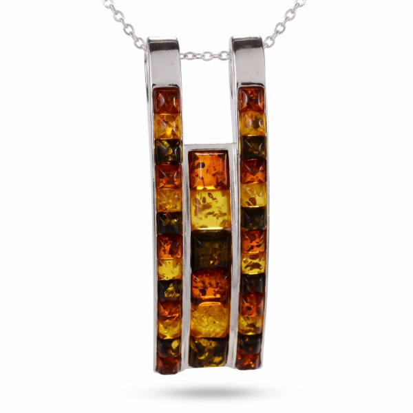 Mila Multicolor Baltic Amber Pendant in Sterling Silver featuring genuine multicolor Baltic amber gemstones set in polished 925 sterling silver, isolated on a white background.