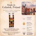 Mila Multicolor Baltic Amber Pendant in Sterling Silver infographic highlighting authentic multicolor Baltic amber, 925 sterling silver, handcrafted craftsmanship, pendant dimensions, and Made in Gdańsk, Poland heritage.
