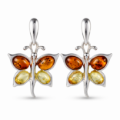 Baltic Honey Amber Butterflies Earrings in Sterling Silver featuring genuine honey Baltic amber gemstones set in a polished 925 sterling silver butterfly design, isolated on a white background.
