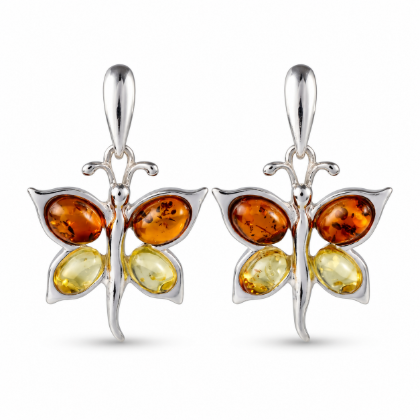 Baltic Honey Amber Butterflies Earrings in Sterling Silver featuring genuine honey Baltic amber gemstones set in a polished 925 sterling silver butterfly design, isolated on a white background.