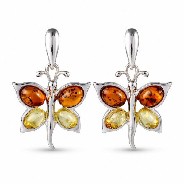 Baltic Honey Amber Butterflies Earrings in Sterling Silver featuring genuine honey Baltic amber gemstones set in a polished 925 sterling silver butterfly design, isolated on a white background.