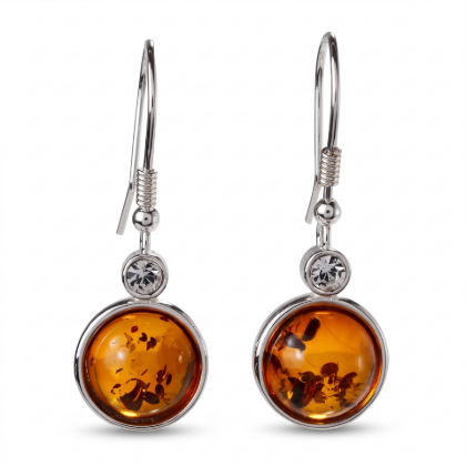 Stephanie Baltic Honey Amber Drop Earrings in Sterling Silver featuring genuine honey Baltic amber gemstones set in polished 925 sterling silver, isolated on a white background.