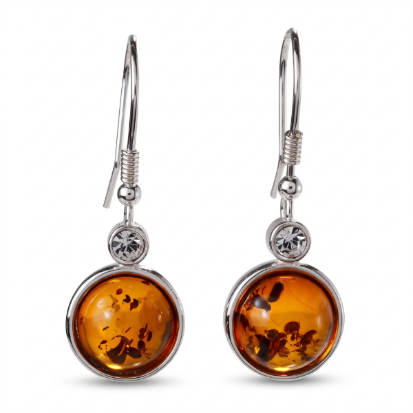 Stephanie Baltic Honey Amber Drop Earrings in Sterling Silver featuring genuine honey Baltic amber gemstones set in polished 925 sterling silver, isolated on a white background.