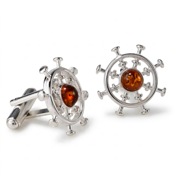 Ship Steering Wheel Baltic Honey Amber Cufflinks in Sterling Silver featuring genuine honey Baltic amber gemstones set in a polished 925 sterling silver ship steering wheel design, isolated on a white background.