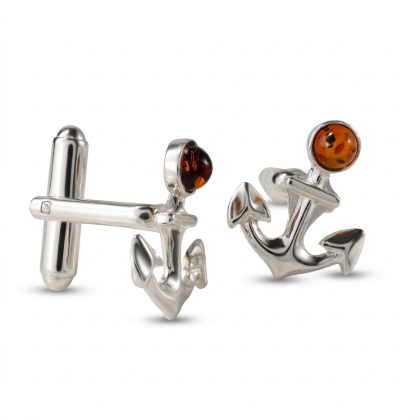 Anchor Baltic Honey Amber Cufflinks in Sterling Silver featuring genuine honey Baltic amber gemstones set in a polished 925 sterling silver anchor design, isolated on a white background.