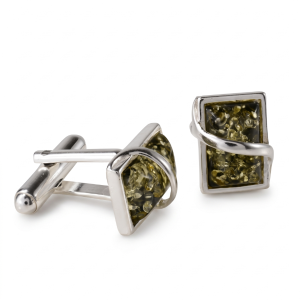 Baltic Green Amber Cufflinks in Sterling Silver featuring genuine green Baltic amber gemstones set in polished 925 sterling silver, isolated on a white background.
