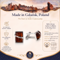 Baltic Honey Amber Cufflinks in Sterling Silver infographic highlighting authentic honey Baltic amber, 925 sterling silver, handcrafted craftsmanship, cufflink dimensions, and Made in Gdańsk, Poland heritage.