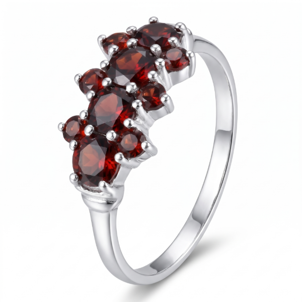 Bohemian Garnet Ring in Rhodium-Plated Sterling Silver featuring genuine Bohemian garnet gemstones set in polished rhodium-plated 925 sterling silver, isolated on a white background.