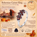 Bohemian Garnet Ring in Rhodium-Plated Sterling Silver infographic highlighting authentic Bohemian garnet gemstones, rhodium-plated 925 sterling silver, handcrafted craftsmanship, and ring dimensions.