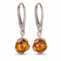 Baltic Honey Amber Round Drop Earrings in Sterling Silver featuring genuine round honey Baltic amber gemstones set in polished 925 sterling silver, isolated on a white background.