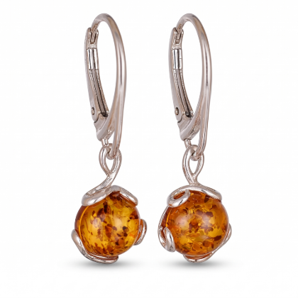 Baltic Honey Amber Round Drop Earrings in Sterling Silver featuring genuine round honey Baltic amber gemstones set in polished 925 sterling silver, isolated on a white background.