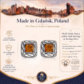 Ruth Baltic Honey Amber Stud Earrings in Sterling Silver infographic highlighting authentic honey Baltic amber, 925 sterling silver, stud earring design, handcrafted craftsmanship, earring dimensions, and Made in Gdańsk, Poland heritage.