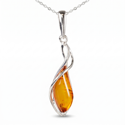 Milena Baltic Honey Amber Pendant in Sterling Silver featuring genuine honey Baltic amber set in polished 925 sterling silver, isolated on a white background.