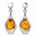 Pair of “Kelly” Baltic Honey Amber drop earrings in polished sterling silver, displayed against a white background.