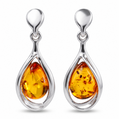 Pair of “Kelly” Baltic Honey Amber drop earrings in polished sterling silver, displayed against a white background.