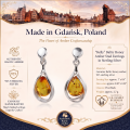 1. “Kelly” Baltic Honey Amber Stud Earrings in Sterling Silver shown in a product graphic with material and size details.