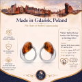 1. “Nelia” Baltic Honey Amber Stud Earrings in Sterling Silver product graphic with material and size details.