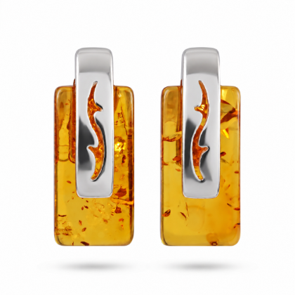 Pair of “Thalia” Baltic Honey Amber Stud Earrings in Sterling Silver on a white background.