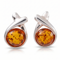 Pair of Baltic Honey Amber Stud Earrings in Sterling Silver on a white background.