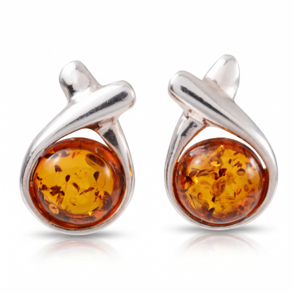 Pair of Baltic Honey Amber Stud Earrings in Sterling Silver on a white background.