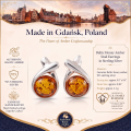 1. Baltic Honey Amber Stud Earrings in Sterling Silver product graphic with material and size details.